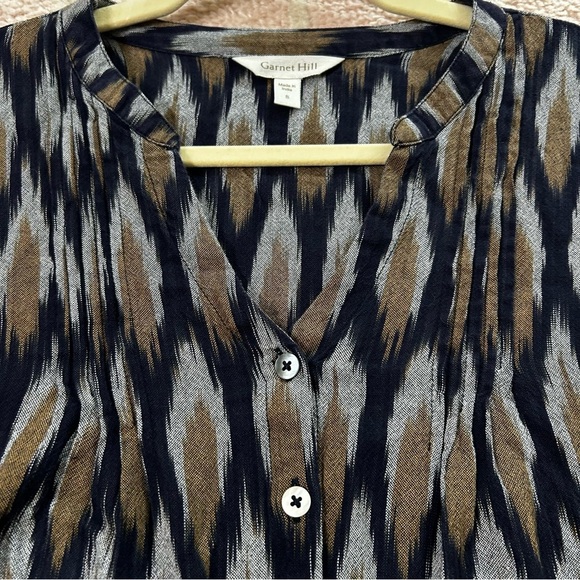 Garnet Hill Navy Tan Ikat Blouse Top 100% Cotton Puff Sleeve Size Small Fall - Picture 6 of 12